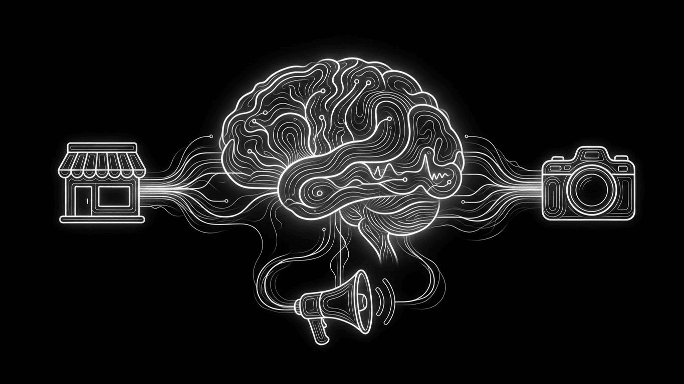A central glowing brain-shaped circuit board connecting retail, creative, and marketing icons.