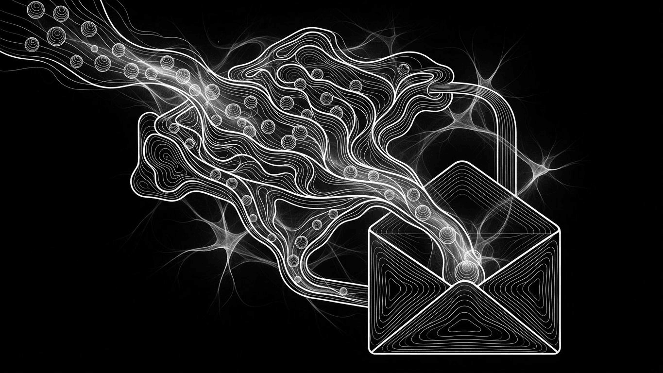 A mechanical machine sorting customer data spheres into an email envelope, representing automated segmentation.